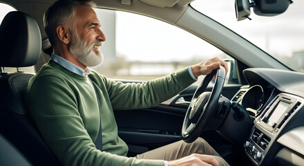 Happy senior man driving his new car, enjoying the ride and feeling free on the open road, a symbol of freedom and adventure.