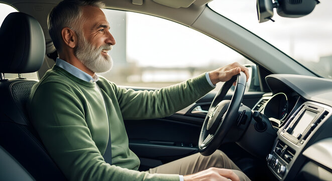 Happy senior man driving his new car, enjoying the ride and feeling free on the open road, a symbol of freedom and adventure.