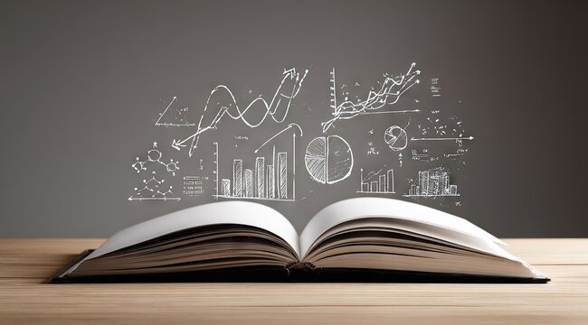 Open book with charts, graphs, and diagrams floating above it. Data visualization