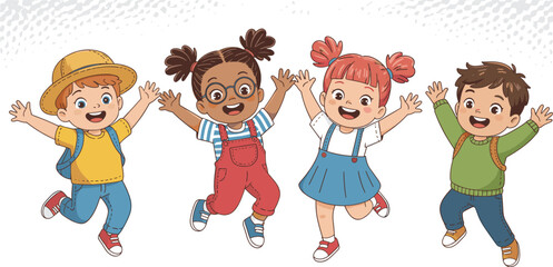 Cartoon children jumping, happy kids characters, joyful boys and girls, playful expressions, colorful outfits, vector illustration, isolated, cheerful group