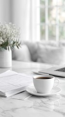 White Marble Desk Workspace with Coffee Cup and Documents