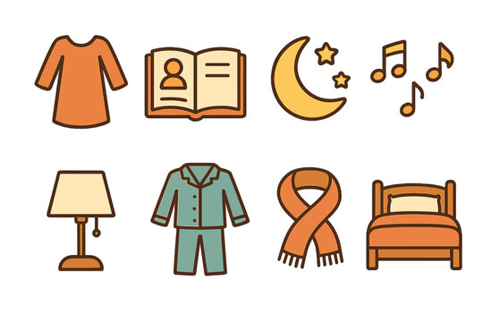 Bedtime Snuggle Icons. Flat vector mini-illustrations bedtime snuggle in colors children's illustrations: nightgown, bedtime