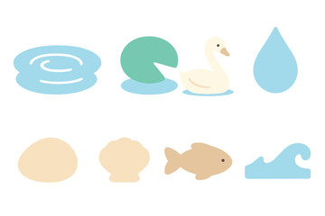 Calm Pond Icons. Flat vector mini-illustrations calm water in colors children's illustrations: still pond, floating lily pad,