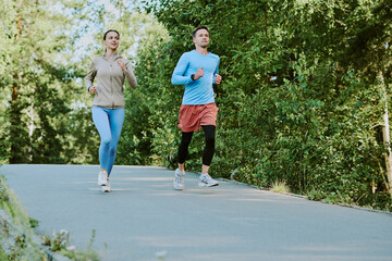 Obraz premium Young adult Caucasian man and young adult Caucasian woman jogging together on paved path surrounded by green trees, both maintaining steady pace and focused expressions outdoors