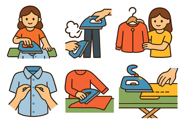 Fototapeta premium Children's Clothes Ironing Icons. Flat vector mini-illustrations clothes ironing actions in colors children's illustrations: