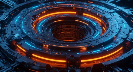 Abstract futuristic circular structure with glowing blue and orange lights, creating a technological and modern design.