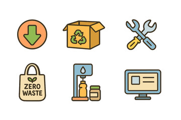 Children's Eco Icons. Flat vector mini-illustrations waste reduction in colors children's illustrations: reduce sign, reuse box,