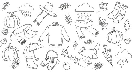 Minimal black and white line art doodles of fall season icons such as pumpkins, sweaters, scarves