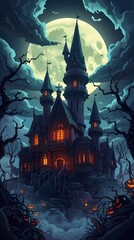  Halloween Castle at Night with Full Moon and Mysterious Mist