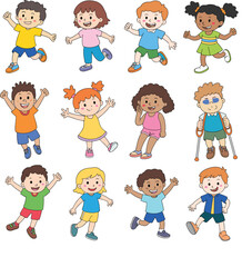 Cartoon children jumping, smiling, waving, diverse group, colorful outfits, playful poses, happy kids, inclusive characters, vector illustration, joyful expressions
