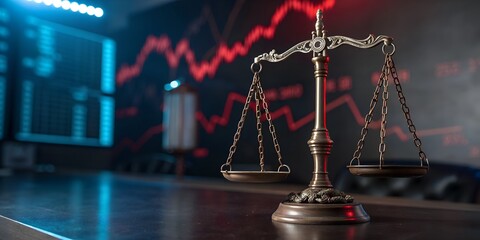 Brass scale of justice against a dark background with a red financial graph, symbolizing legal balance and market volatility.