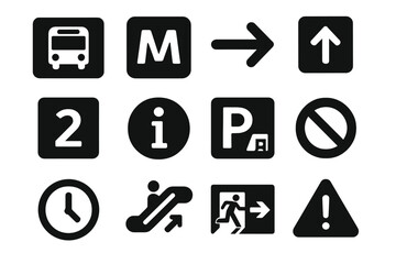 Transport Signage Icons. Solid style icons of transport signage: bus route plate, metro line sign, transfer arrow, exit direction,