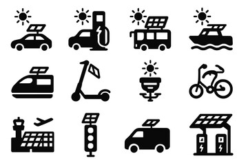 Icons of Solar Transport. Solid style icons of solar in transport: solar-powered car, solar charging EV station, solar panel on