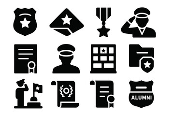 Retired Icons Collection. Solid style icons of retired police and veterans: retired badge icon, folded flag with star, service