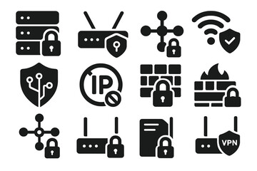 Network Security Icons. Solid style icons of network security: secure server icon, router with shield, network lock icon, secure