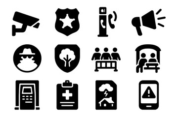 Public Safety Icons. Solid style icons of public safety: city camera icon, street patrol badge, emergency pole symbol, community