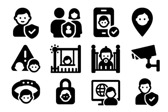Children's Security Icons. Solid style icons of children&rsquo;s security: child with shield, parental controls icon, kids safe app,