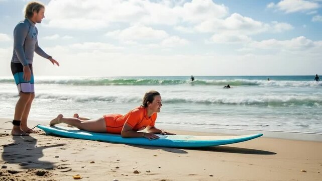 Summer Surfing Lessons: Instructor Teaching Surfing on Beach, Summertime Skills, Stock Footage for Water Sports and Summer
