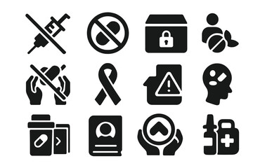 Drug Misuse Prevention Icons. Solid style icons of addiction and drug misuse prevention: crossed syringe icon, pill abuse warning,