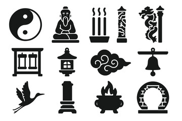Taoist Temple Icons. Solid style icons of Taoist temples: yin-yang symbol, sage statue, incense sticks, dragon pillar, altar with