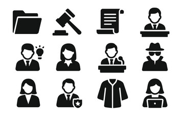 Government Icons Overview. Solid style icons of government branches and roles: executive folder, judicial gavel, legislative
