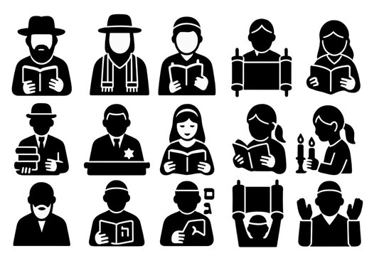 Synagogue Service Icons. Solid style icons of synagogue services and roles: rabbi with prayer book, cantor with tallit, gabbai