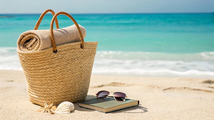 Sunny beach vacation essentials a straw bag with towels sunglasses and shells on sand with ocean background