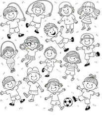 Cartoon children playing, jumping, skipping rope, smiling, running, enjoying outdoor fun, happy faces, energetic poses, black and white vector