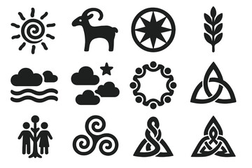 Traditional Symbols Icons. Solid style icons of traditional symbols and motifs: sun spiral, animal icon, nature pattern, sacred