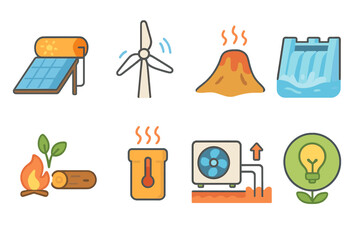 Children's Renewable Energy Icons. Flat vector mini-illustrations renewable energy thermodynamics in colors children's