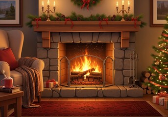 Cozy Holiday Living Room with Fireplace, Christmas Tree, and Festive Decorations