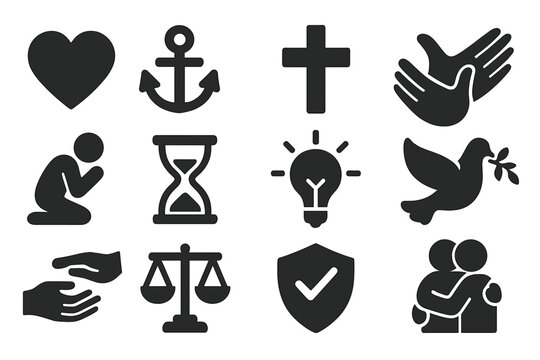Iconic Christian Virtues. Solid style icons of Christian virtues and values: love heart, hope anchor, faith cross, charity hands,