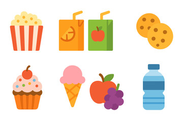 Children's Snack Icons. Flat vector mini-illustrations book fair snacks in colors children's illustrations: popcorn, juice boxes,