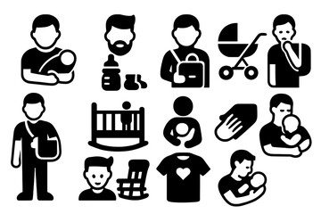 Icons of New Fatherhood. Solid style icons of new fathers: dad holding infant, baby bottle and beard, stroller and boots, crib