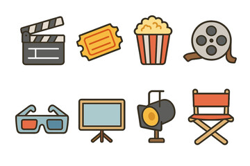 Cinema Icons Grid. Flat vector mini-illustrations movie titles in colors children's illustrations: film clapperboard, cinema