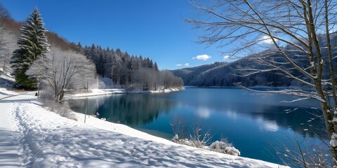 Serene Winter Lake Scene - Snow-Covered Trees and Reflective Water.