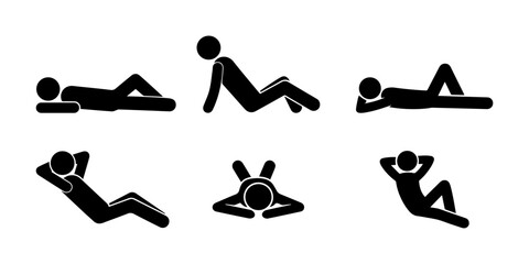 Stickman relaxing icon set showing different resting poses in silhouette style. Simple black pictogram of people lying down, sitting, and relaxing for leisure, vacation, rest, or meditation concepts.