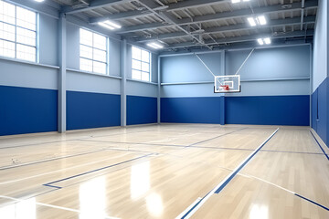 Naklejka premium Spacious And Modern Basketball Court Interior With Wooden Flooring, Bright Natural Light Beaming Through Large Windows, Ideal For Training And Games