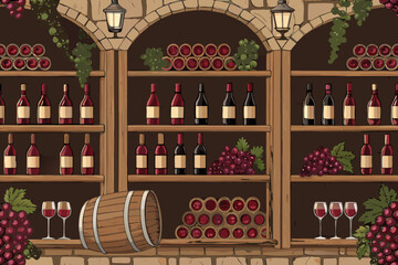 Beautiful Seamless Wine Cellar With Bottles Glasses Premium Digital Asset