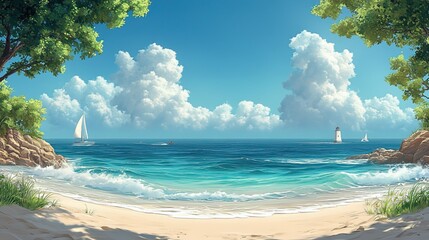 Cartoon style beach background with palm trees, sailboats, lighthouse, bright blue sky and detailed textures