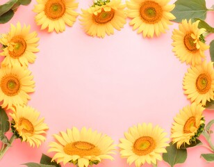 Obraz premium Vibrant yellow sunflowers forming a beautiful circular border on a gentle pink background. This lovely floral frame offers a cheerful aesthetic with ample copy space