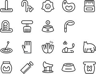 pet care, animal, grooming, feeding, cleaning, toys, accessories, fishbowl, cat, saddle, syringe, faucet, glove, rake, bowl, bag, door, hygiene, veterinary, outline, vector, icon set