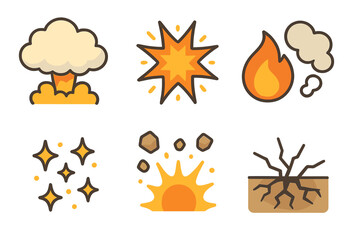 Colorful Explosion Icons. Flat vector mini-illustrations explosion effects in colors children's illustrations: explosion cloud,