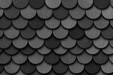 Close-up pattern of grayscale fish-scale roofing tiles, detailed texture