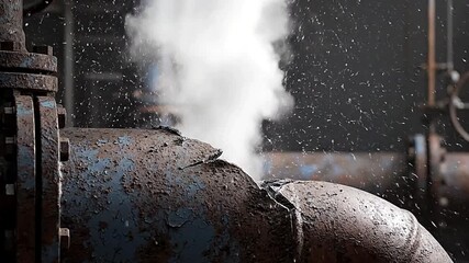 Ruptured pipe spewing steam with flaking paint corrosion and visible damage in an industrial setting - Powered by Adobe