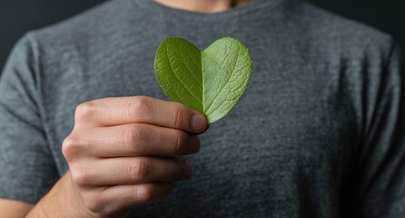 Person holds a leaf shaped like a heart, emphasizing love and nature