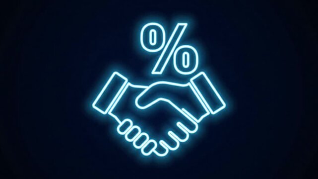 A blue neon graphic with a handshake icon under a percent symbol