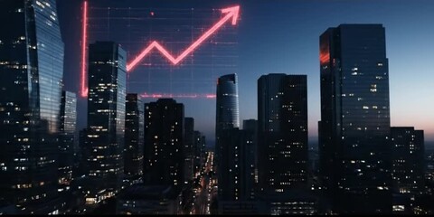 Digital overlay of a rising arrow graph on a metropolitan cityscape, symbolizing business growth and market trends - Powered by Adobe