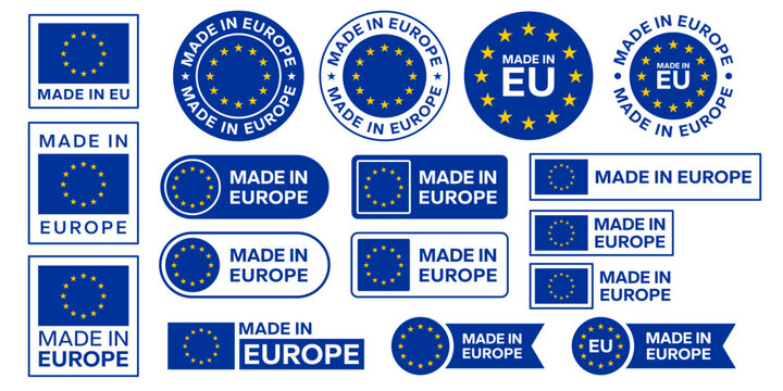 Made in Europe, European Union (EU) flag icon set vector, badge, banner, circle, sticker, logo, symbol, stamp, line, flat vector, isolated on white background. Europe product label commerce business.