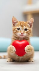 Ginger kitten holds a red heart.